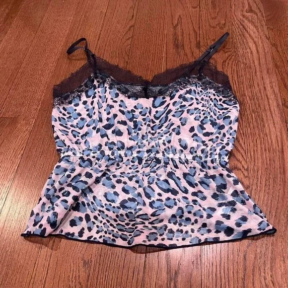 y2k blue and pink leopard print lace trim peplum tank medium - Picture 3 of 8